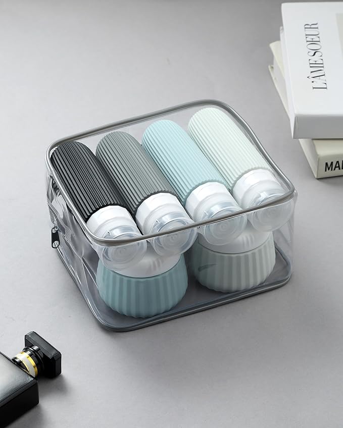 Mrsdry Travel Bottles 8 Pack, TSA Approved 3 oz Toiletries Containers, Leak Proof Silicone Squeezable Essentials Jars with Clear Bag