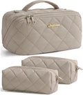 Travel Makeup Bag, 3 Pcs Large Capacity Puffy Toiletry Bag for Women, Open Flat Quilted Make up Cosmetic Organizer w/Handle & Clear Divider Water-resistant Portable Pouch Travel Essentials, M-Oatmeal