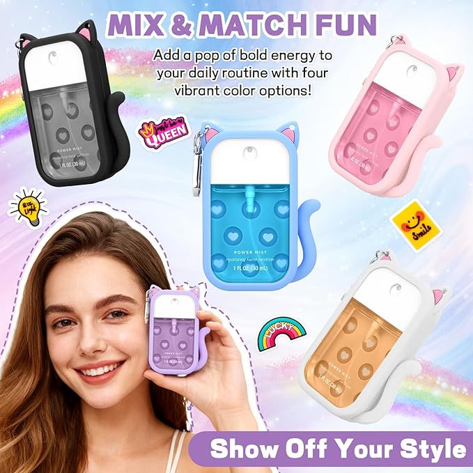 Cute Cat Silicone Case Compatible with Touchland Hand Sanitizer Spray,Portable Power Mist 1 FL OZ/30ML Sanitizer Holder for Touchland with Keychain & 4 Charms Touchland Keychain Holder(1 PCS Purple)