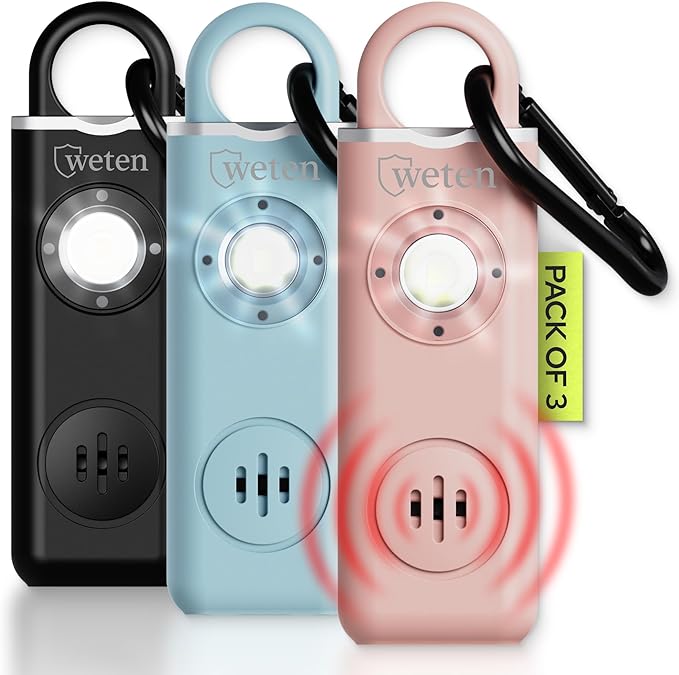Weten Personal Safety Alarm for Women - 130dB Loud Panic Siren Keychain 3 Pack - Rape Whistle - LED Light, Carabiner Clip, Low Battery Alert, USB-C Charging Self Defense Alarm (Black Pink Blue)