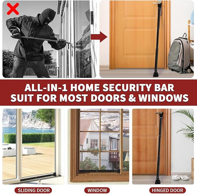 Security Door Stopper with Alarm & Sliding Patio Bar, 120db Loud Alert Adjustable Security Jammer Door Security Bar Window Child Proof Heavy Duty Door Stoppers for Home Apartment Travel - Black