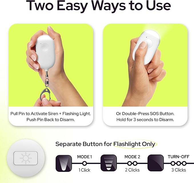 Weten Rechargeable Personal Alarm Keychain - 130dB Siren & LED Light - 2 Pack Personal Safety Alert for Women to Carry - Panic Button Alarm for Security - Rape Whistle for Self Defense (Black&White)
