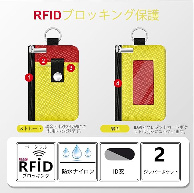 Minimalist RFID Blocking Small Wallet with ID Window,WaterResistant Zip Id Case Wallet with Lanyard Keychain for Cards,Cash,Travel,Women,Men (Lemon Yellow/Red)