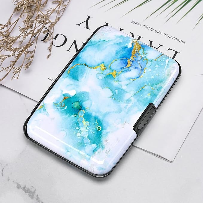 ELFISH Mini RFID Aluminum Wallet Credit Cards Holder Business Card Case Metal ID Case for Men Women (Green Marble)