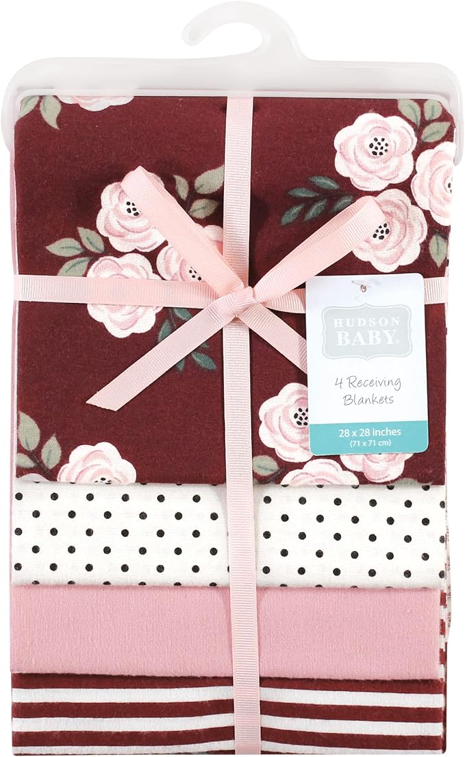 Hudson Baby Unisex Baby Cotton Flannel Receiving Blankets, Burgundy Floral, One Size