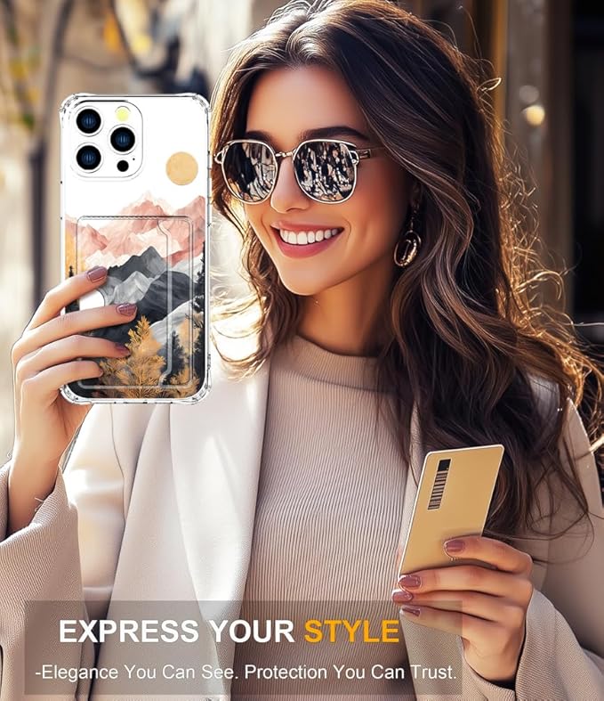 Compatible with iPhone 16 Pro Case Card Holder for Women Cute Design,Wallet Phone Cases Transparent Cool Kawaii Protective (Clear Mountain Hill Landscape)
