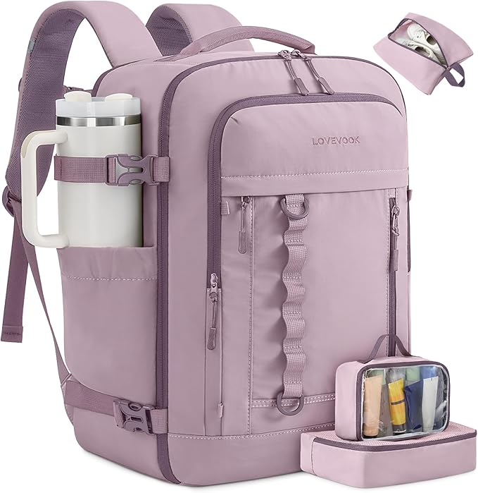 LOVEVOOK 40L Travel Backpack for Men Women, Waterproof Carry On Backpack for Work & Travel, Flight Approved Personal Item with 3 Packing Cubes, TSA Bag Fits 17.3" Laptop,Grape purple