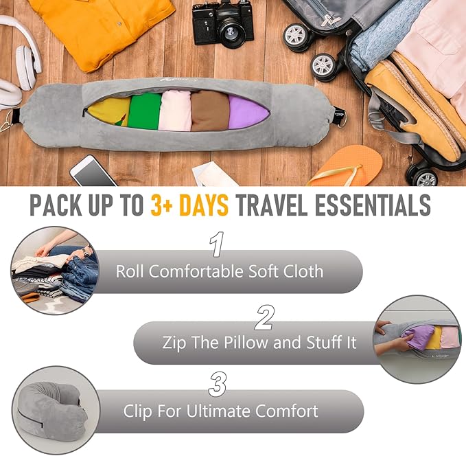 Travel Neck Pillow Stuffable with Clothes, Stuffable Neck Pillow for Travel, Packable Fillable Storage Bag for Airplane Travel, Soft Velvet Neck Pillow Case Cover