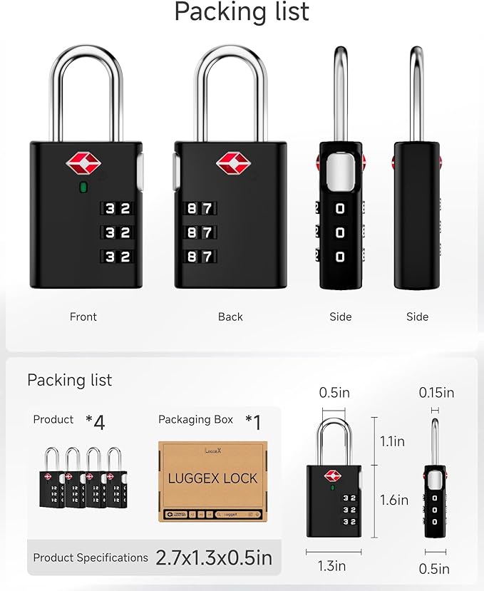 LUGGEX Luggage Locks, TSA Locks for Luggage, Luggage Locks TSA Approved, Combination Lock, One-Button Reset & Cut Resistant (Black,4 Pack)