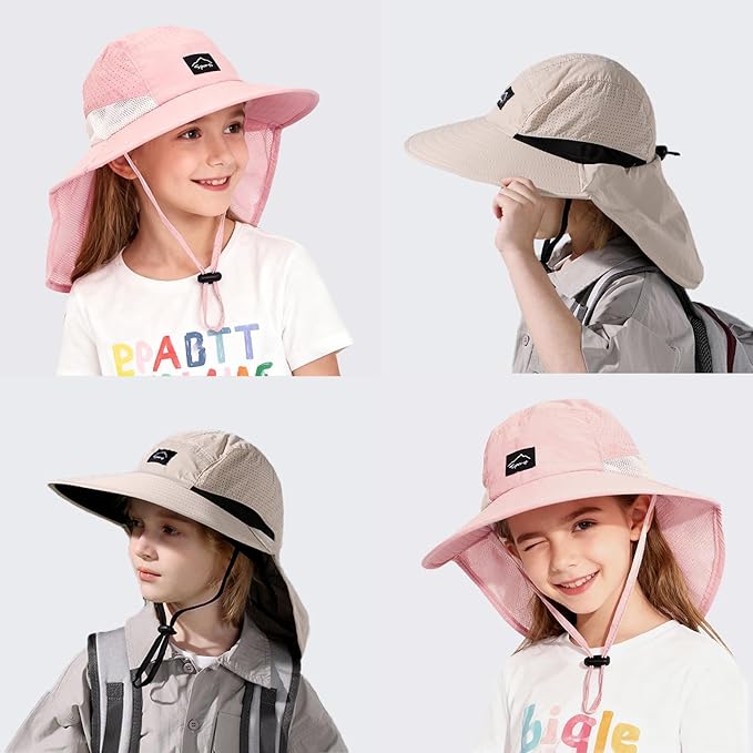 Outdoor Kids Sun Hat with Neck Flap UPF 50+ Quick Dry Beach Hats for Baby Boys Girls Age 2-12 Years Adjustable
