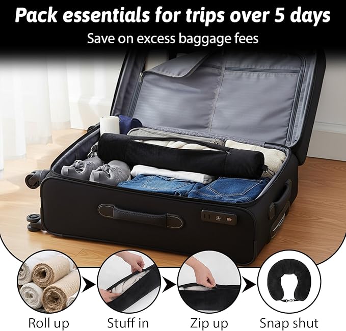 Stuffable Neck Pillow for Travel Adjustable Stuffable Neck Pillow for Airplanes Pillows Stuffed with Clothes Storage No Filler Storage Pillows Fits 5+ Days of Travel Essentials Black