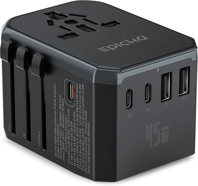 EPICKA Universal Travel Adapter GaN 45W, European Travel Plug Adapter with PD&QC Fast Charging(2 USB-A & 3 USB-C Ports) - Worldwide Travel Essentials, International Power Adapter for UK/US/AU