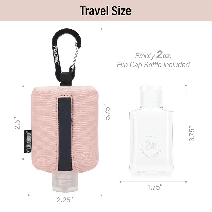 2nd Childhood Travel Hand Sanitizer Keychain – Small Refillable 2 oz Bottle with Clip-On Holder – Portable Sanitizer Case for Purse, Backpack, Gym Bag (Pink)