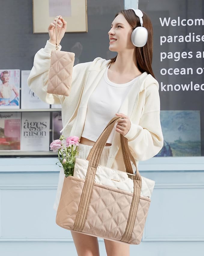 LOVEVOOK Puffer Tote Bag for Women, Puffy Work Handbag with Cup Holder, Travel Carry On Bag with Zipper for Teacher Nurse Gym