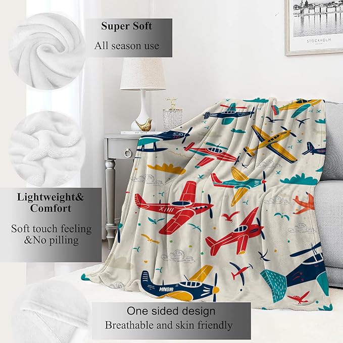 Airplane Blanket Aviation Adventure Colorful Planes and Clouds Throw Blankets Gifts for Kids Boys Lightweight Soft Fleece Cozy for Sofa Couch Bed Room Travel Birthday Party Decor 40x50in