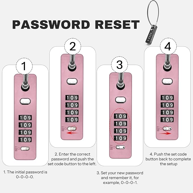 4 Digit Combination Cable Lock for Bike Scooter Motorcycle Helmet Safe, 11.8" Cable Chain Pink, Combo Travel Lock with Code for Luggage Suitcase, Wardrobe, Fridge Door, Fence Gate, Locker