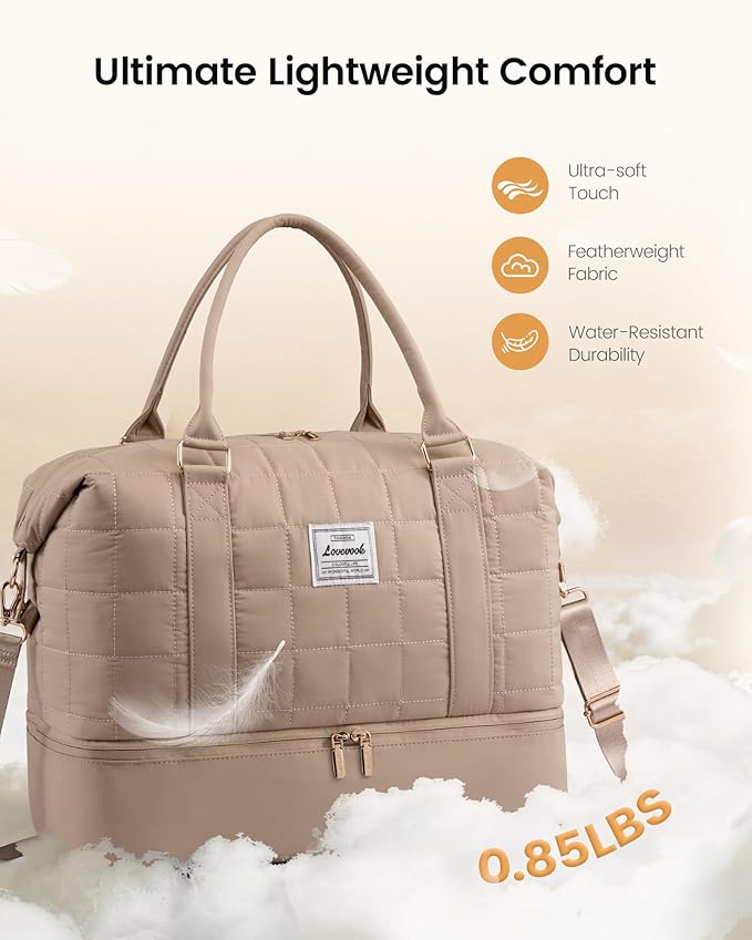 LOVEVOOK Travel Duffel Bag - Versatile Weekender Bag for Women, Puffer Carry On & Overnight Bag for Short Trips, Black/White/Brown