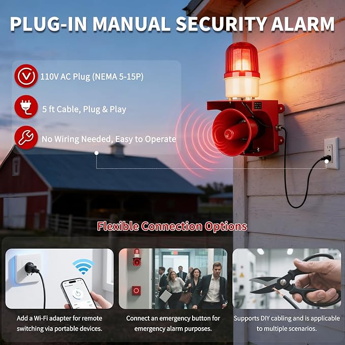 AC110V Industrial Siren Alarm Strobe Light-120dB Loud Horn&Red Beacon Warning Light,Waterproof Indoor/Outdoor Safety Alarm for Emergency,Factory,Office,Fires,Tornado,Intruders,Animal Deterrent
