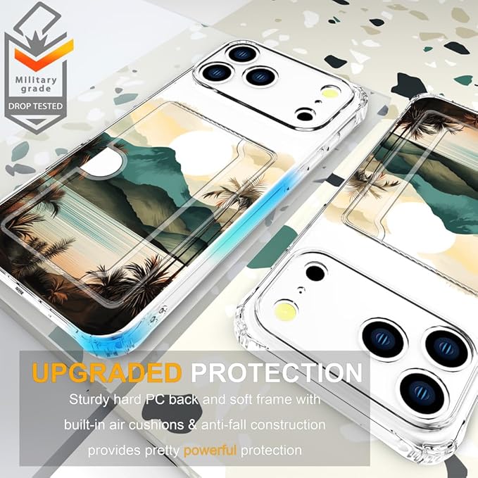 Compatible with iPhone 17 Pro Max Case Card Holder for Women Cute Design,Wallet Phone Cases Transparent Cool Kawaii Protective (Clear Ocean Sun Mountains Sunset)