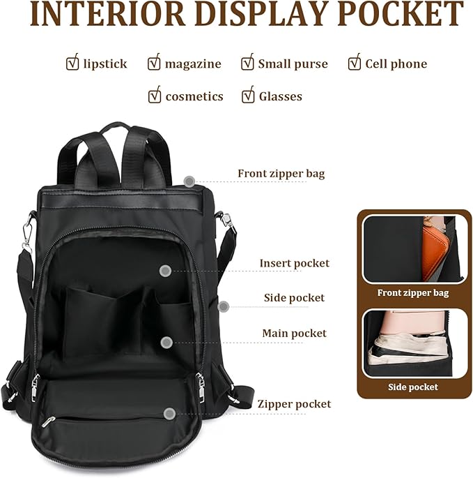 Anti-Theft Backpack for Women Brown Nylon Stylish Anti-Theft Bags for Women with Detachable Hook Lightweight Large Capacity Backpack for Travel Daily