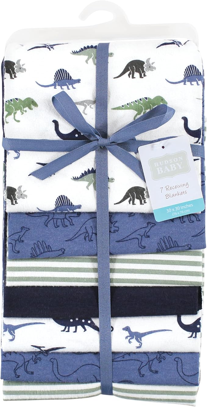 Hudson Baby Unisex Baby Cotton Flannel Receiving Blankets Bundle, Blue Green Dino, One Size