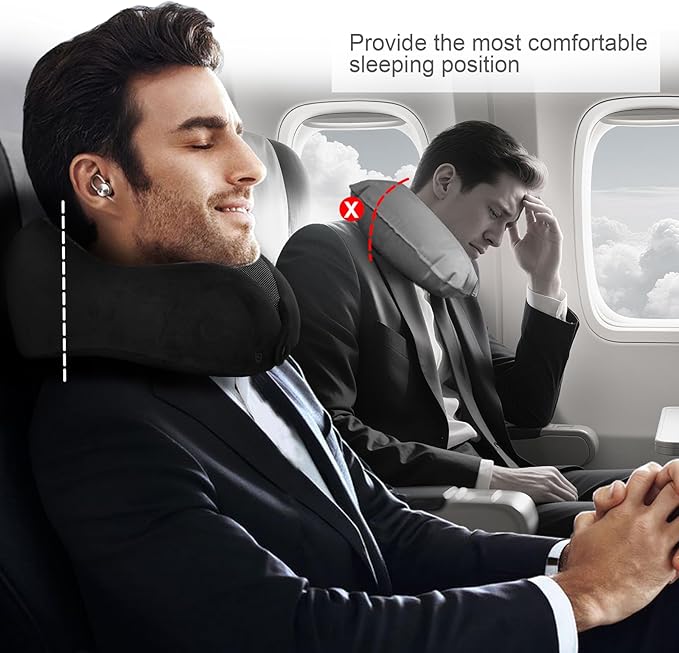 Travel Neck Pillows for Airplanes Memory Foam Neck Pillow for Traveling Adjustable Travel Pillow for Sleeping, Airplane,Train, Car with Eye Mask, Earplugs, Carry Bag