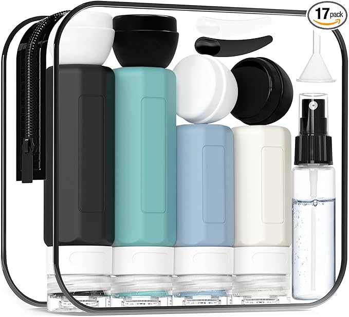 17 Pack Travel Bottles - TSA Approved Travel Size Toiletries, Leak Proof Containers for Toiletries, Silicone Squeezable Container for Shampoo, Body Wash, Lotion & Conditioner - Blue