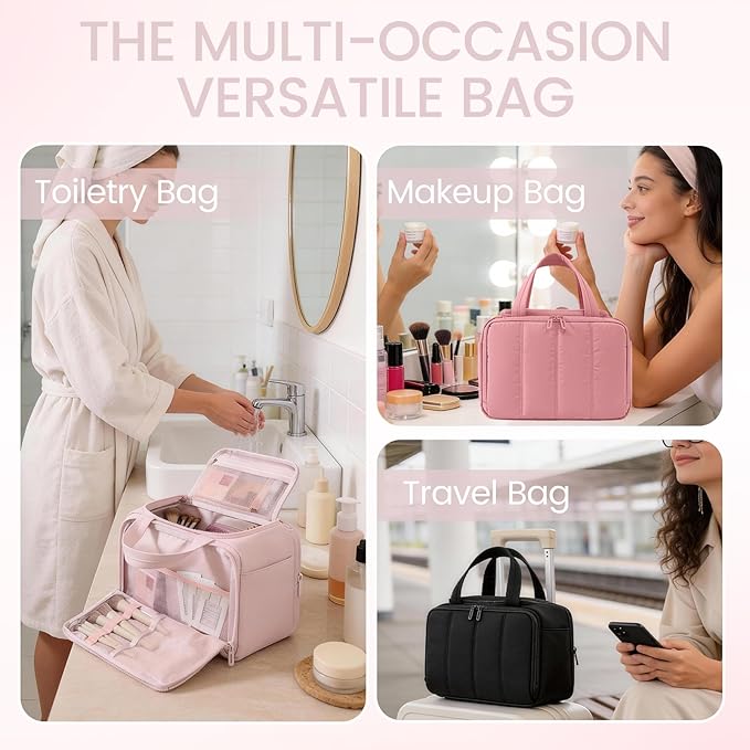 Cute Puffy Toiletry Bag for Women,Large Makeup Bag,Travel Cosmetic Bag with Adjustable Dividers & Trolley Sleeve,Toiletries Organizer,Light Pink