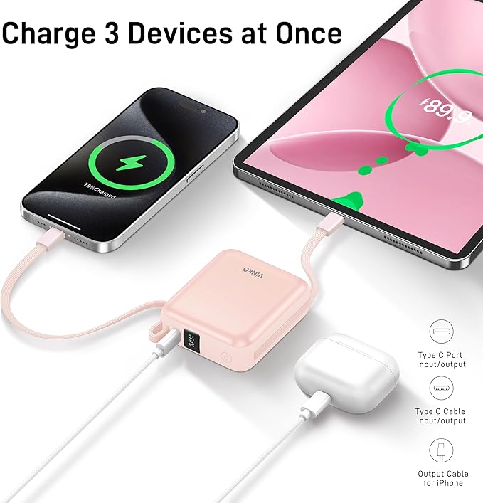 VINKO 10000mAh Power Bank Built-in Cables, Fast Charging with LED Display, Small Travel Battery Pack with Cords, Airplane Travel Essentials,Portable Phone Charger for iPhone 17 Smart Devcies(Pink)