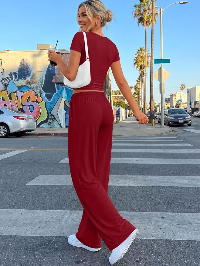 Trendy Queen 2 Piece Matching Summer Lounge Set Womens Side Ruching Top Wide Leg Pants Sets with Pockets