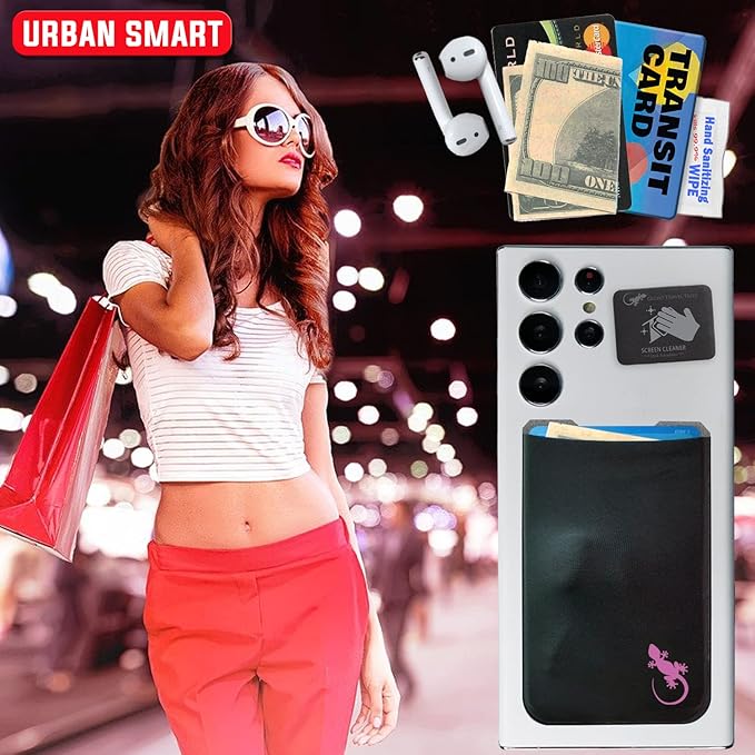 Phone Wallet - Adhesive Card Holder - Cell Phone Pouch - Stick on Lycra Pocket by Gecko - Carry Credit Cards and Cash