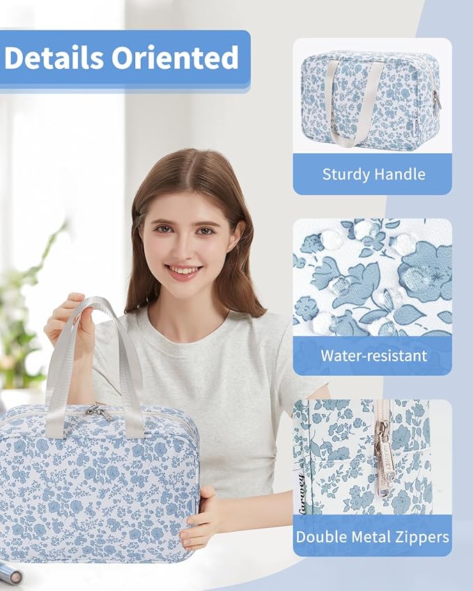 Narwey Full Size Toiletry Bag Women Large Cosmetic Bag Travel Floral Makeup Bag Organizer Medicine Bag for Toiletries Essentials Accessories (Blue Flower,Large)