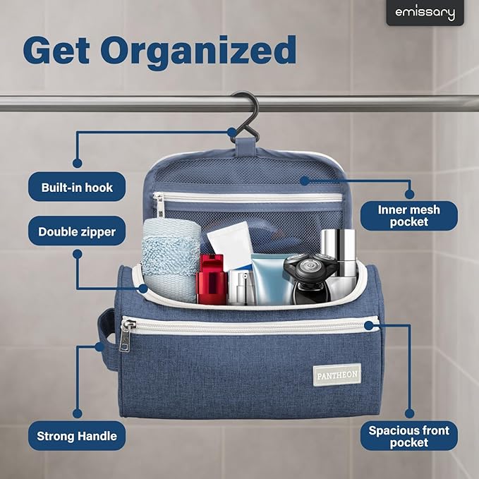 Pantheon Men's Toiletry Bag - Travel Toiletry Bag Wash Bag Hanging Dopp Kit Shaving Kit for Bathroom Shower - Mens Travel Bag Hanging Toiletry Organizer Toiletry Kit for Traveling (Blue)