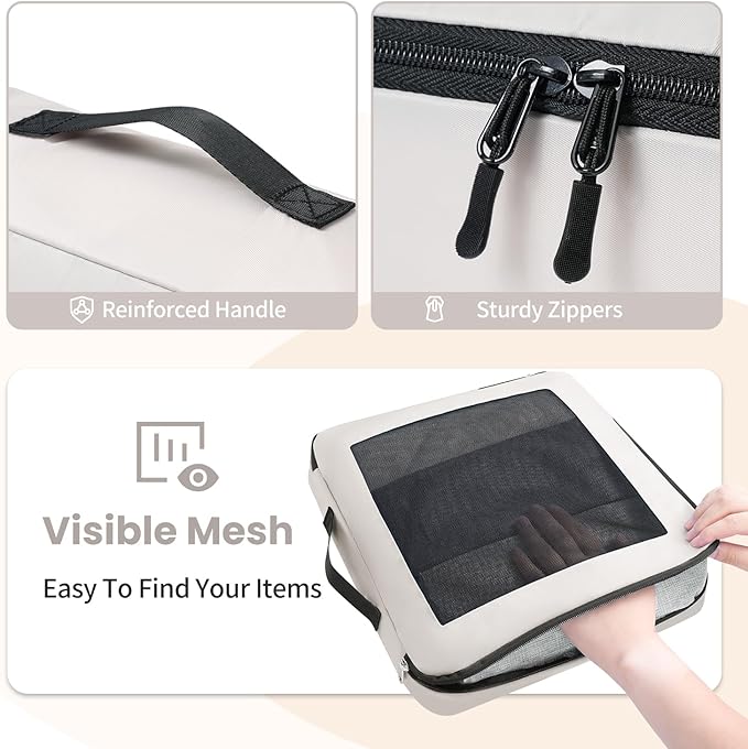 Mesh Packing Cubes for Travel, Durable Luggage Organizer with Sturdy Material and Double Zippers, Comprehensive Set for Travel Accessories Storage, 8 set, cream