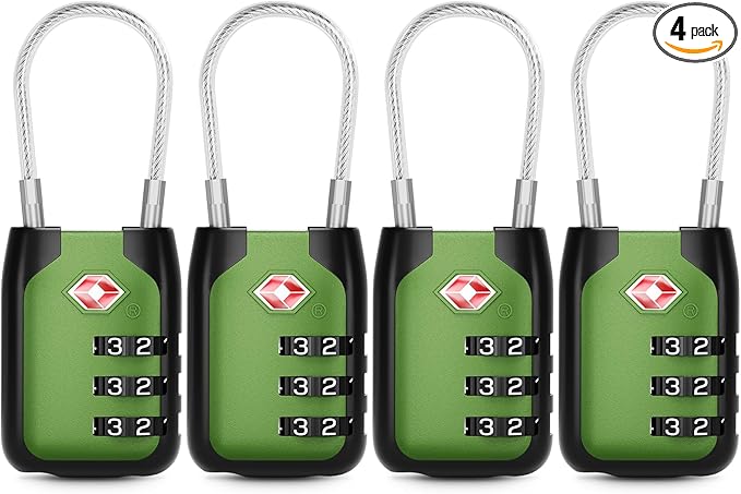Joyway TSA Approved Luggage Lock, 3 Digit Combination Cable Lock with Alloy Body, Travel Combination Locks for Suitcases, Backpack and Golf Bag (Green, 4Pack)