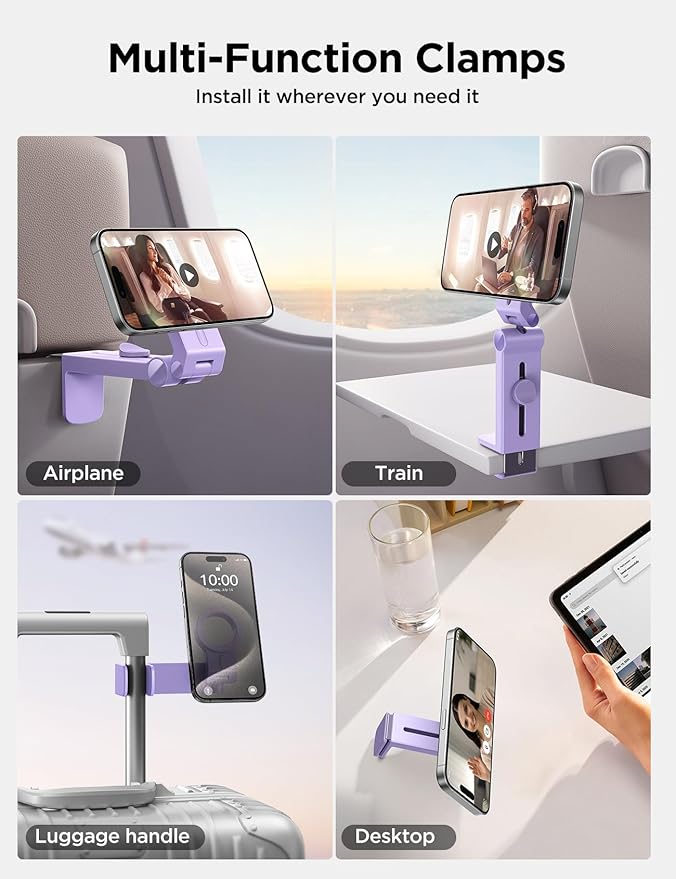 JOYROOM for Magsafe Airplane Phone Holder Travel Essentials, [Flexible Rotation] Hands-Free Plane Phone Hount, Airplane Travel Essentials for iPhone 15 Pro Max 14 13 12 Series Purple
