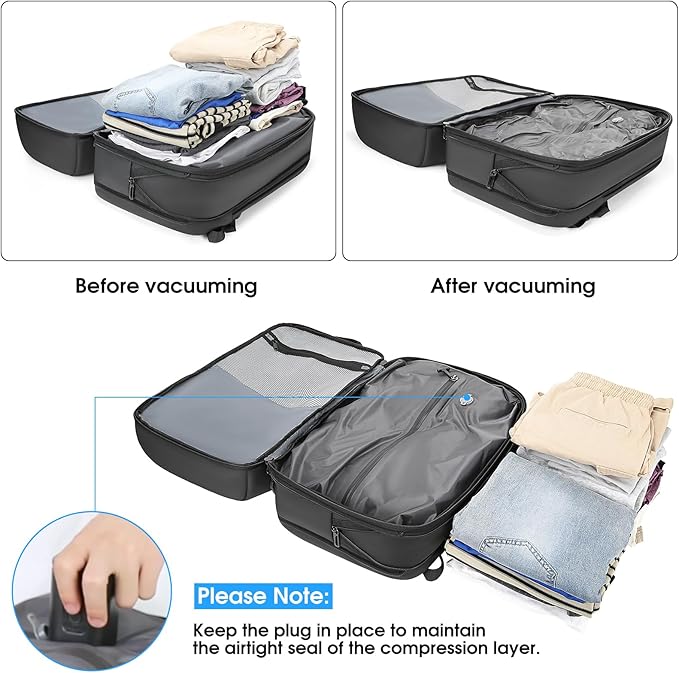 TANGCORLE Vacuum Seal Travel Backpack, Expandable Vacpack Backpack with Vaccum Compression System, Water Ressistant 17.3 Inch Laptop Backpack with USB Charging Port-Vacuum Pump Included