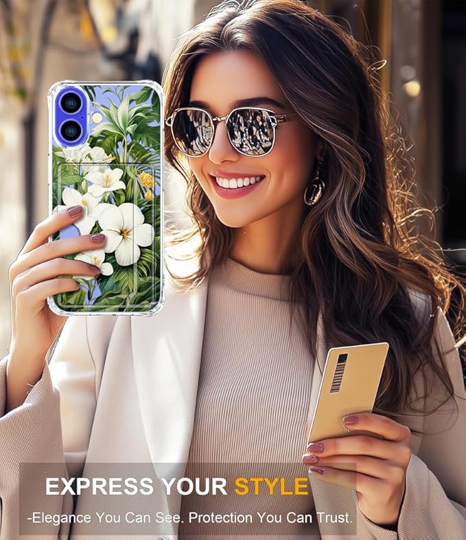 Compatible with iPhone 16 Plus Case Card Holder for Women Cute Design,Wallet Phone Cases Transparent Cool Kawaii Protective (Clear Green Flowers Tropical Jungle)