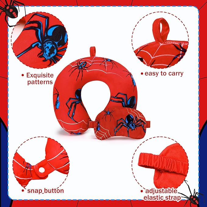 Gilprop 2 Pcs Spider Travel Pillow with Sleep Eye Mask, U Shaped Memory Foam Headrest & Neck Pillow with Washable Cover, Soft Neck Head Support Travel Accessories for Airplane Car Train Bus Trips