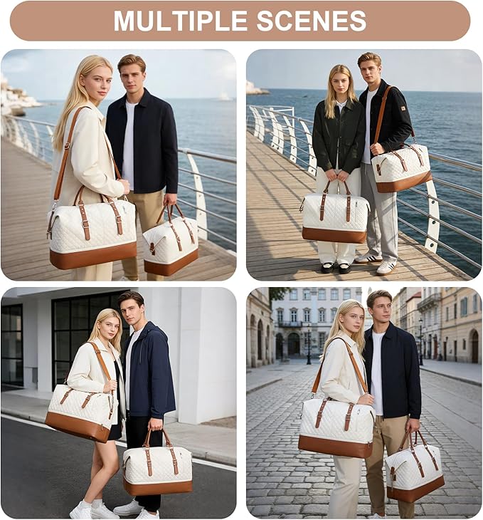 Travel Duffel Bag, Weekender Overnight Bag for Women with Trolley Sleeve, Carry On Bag for Airplanes Sport Tote Gym Bag with Shoes Compartment.(Beige)
