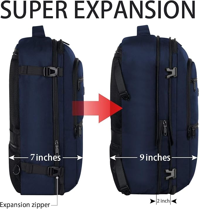 Vancropak Carry On Backpack, 45L Expandable Extra Large Travel Backpack, Flight Approved Water Resistant Luggage Suitcase Daypack, Lightweight Personal Business Weekender Bag for Men & Women, Blue