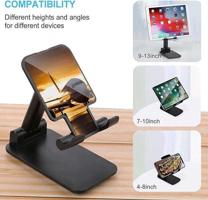 Adjustable Cell Phone Stand for Desk Foldable Mobile Airplane Phone Holder Cradle Dock Fit 4.0-8.0 Inch Smartphones Portable Travel Essentials Office Desktop Accessories Decor