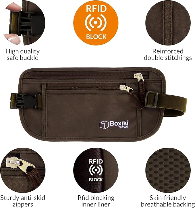 Boxiki Travel Brown Money Belt with RFID Sleeves Set - 8 Pcs Navy Blue | Secure Waist Bag and RFID Card Holder for Men and Women