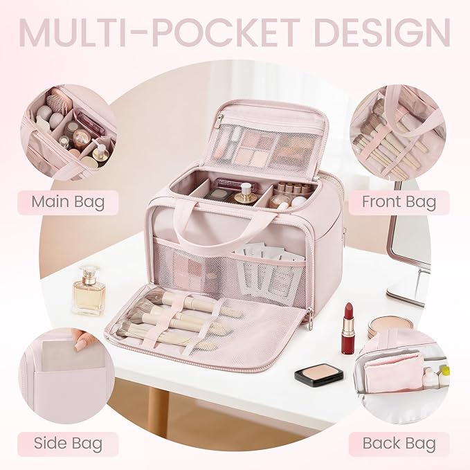 Cute Puffy Toiletry Bag for Women,Large Makeup Bag,Travel Cosmetic Bag with Adjustable Dividers & Trolley Sleeve,Toiletries Organizer,Light Pink