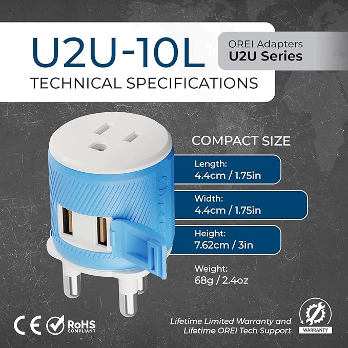 OREI South Africa, Botswana, Namibia Travel Plug Adapter with Dual USB - USA Input - Type M (U2U-10L), Will work with Cell Phones, Camera, Laptop, Tablets, iPad, iPhone