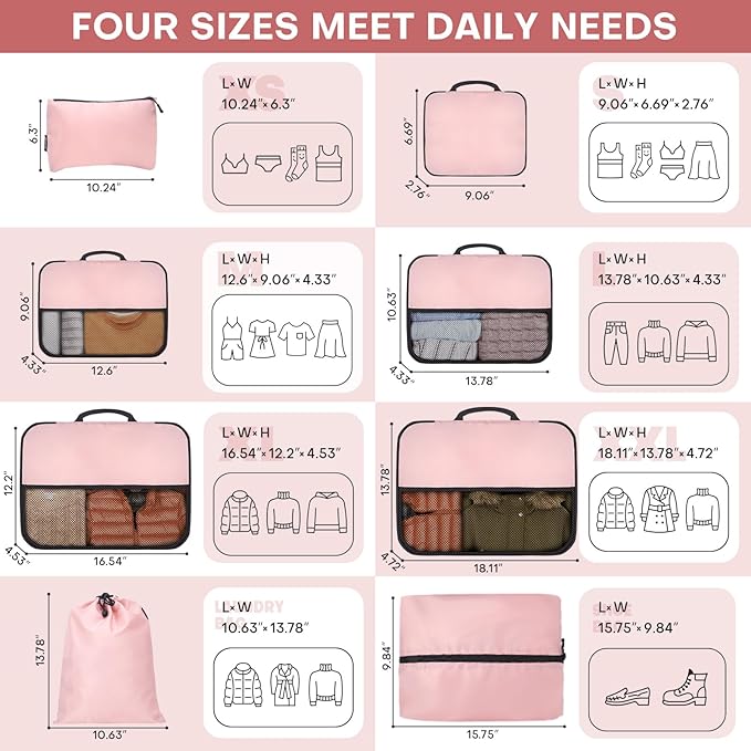 SDGFUI 8 PCS Compression Packing Cubes for Travel Women, Compression Bags Organizer for Luggage Space Saving Travel Essentials and Carry on, Luggage Organizer Bags for Suitcase - Pink