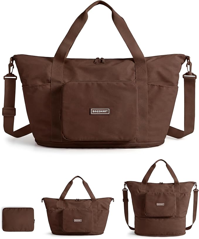 BAGSMART Foldable Travel Bag, 37L Expendable Personal Item Bag, Lightweight Weekender Bags for Women, Water Resistant Extra Carry on for Travel, Chocolate