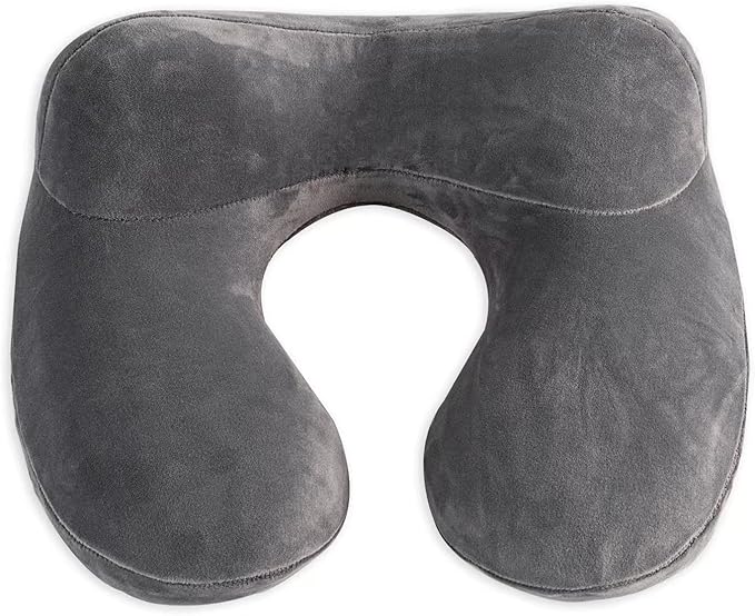 Inflatable Travel Pillow, Neck Pillow Support for Traveling, Airplanes, Cars, and Offices with Compact Carrying Bag, Soft Velvet Washable Cover, Ideal for Adult Sleepers (Grey)