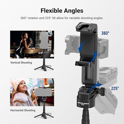 NEEWER Mini Tripod for Phone, Lightweight Foldable Small Selfie Stick Cell Phone Clamp Desk Stand with Remote & Cold Shoe Mounts Compatible with iPhone Android Samsung for Video Recording, PA986 Black