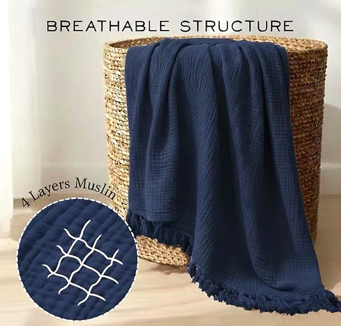KyraHome Muslin Blankets for Adults, 60"x80", 100% Organic Cotton Throw Blankets for Couch, Plant Dyed Breathable Lightweight Gauze Summer Blankets, All Season (Navy Blue)